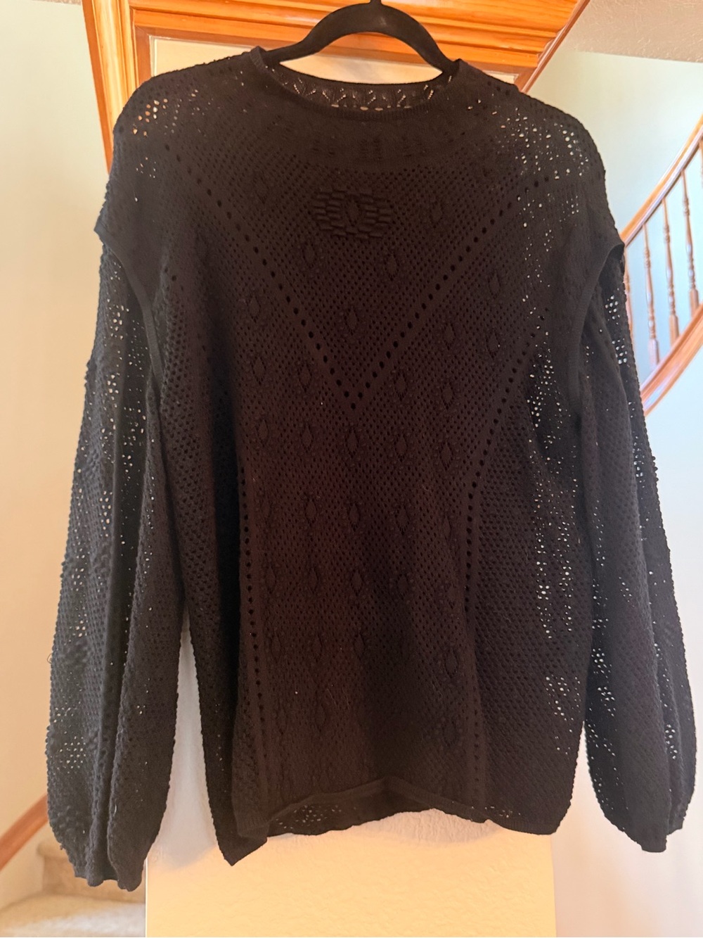 White House Black Market Black Open-Knit Crewneck Sweater